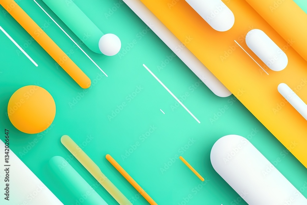 Poster colorful abstract design with rounded shapes and lines against a mint background