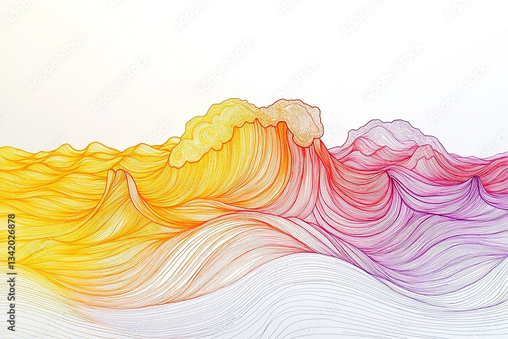 Poster vibrant waves: a colorful abstract depiction of ocean waves with intricate line work
