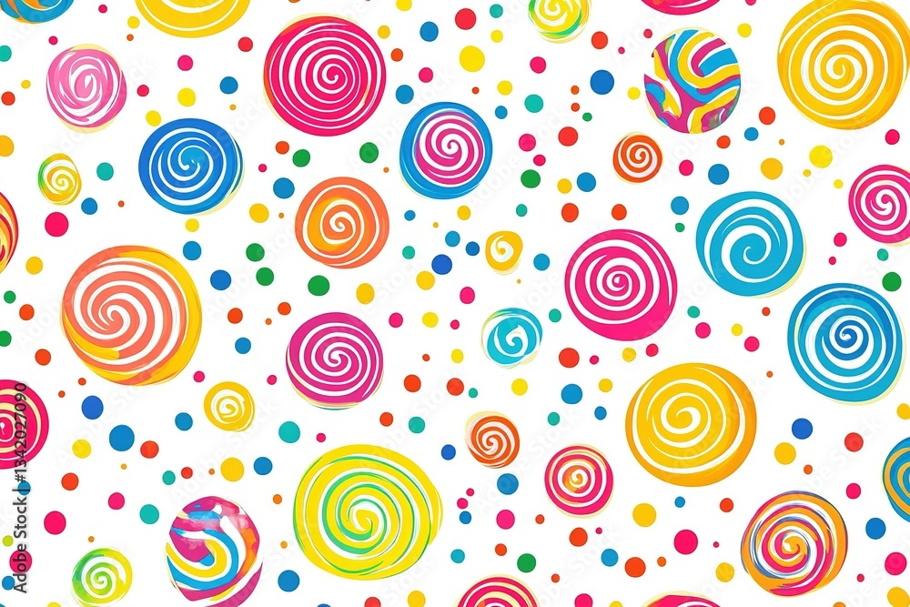 Aufkleber a cheerful repeating pattern of colorful swirled candies and dots on a white backdrop