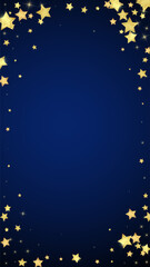 Fototapeta premium Magic stars vector overlay. Gold stars scattered around randomly, falling down, floating. Chaotic dreamy childish overlay template. Vector magic overlay on dark blue background.
