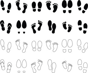 Footprints human icon in flat, line silhouette set isolated on transparent background