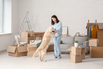 Fototapeta premium Young happy woman and cute Labrador dog with boxes having fun on moving day at home
