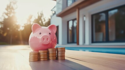 A pink piggy bank with stacked coins in front of a house, symbolizing saving for a home or real estate investment. Ideal for financial institutions, real estate agencies, and personal finance blogs.