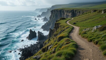 Coastal Cliff Path with Ocean Views and Green Landscape Scenery