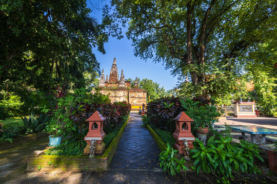 Wat Chet Yot or Wat Photharam Maha Wihan, seven pagoda temple It is a major tourist attraction in Chiang Mai, Thailand.with evening,Temple in Chiang Mai.