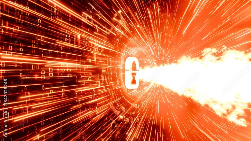 Aufkleber abstract fiery digital tunnel with padlock, symbolizing fast data transfer and cybersecurity.