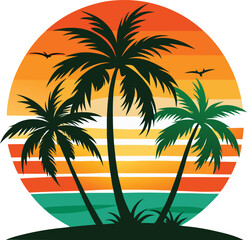 Retro Sunset with Palm Trees – Vintage Tropical Vector Design