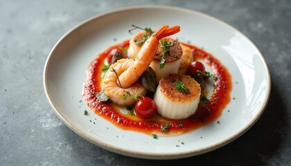 Overhead view of culinary dish on white plate in high-end restaurant style. Fine dining presentation with cooked scallops, shrimps in red sauce, fresh vegetables on grey concrete background.