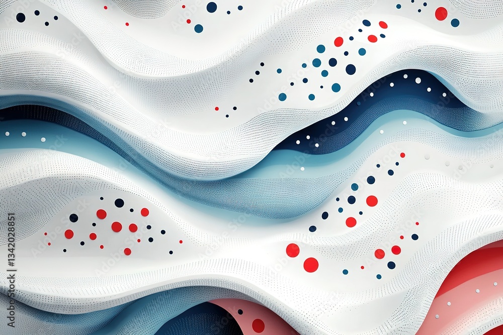 Poster abstract wavy texture: a dynamic interplay of white blue and red dotted patterns