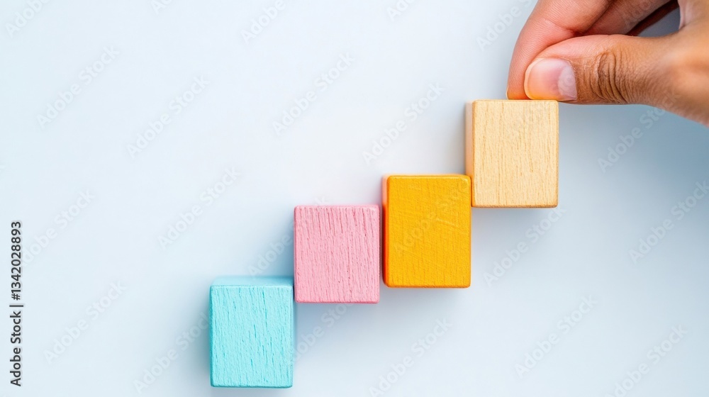 Aufkleber Minimalist Progress Visualization Agile Workflow Optimization with Colorful Wooden Blocks - Modern Productivity Scaling Strategy for Digital Entrepreneurs