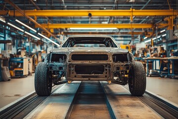 Obraz premium Custom car chassis is under construction in a modern automotive workshop during daytime