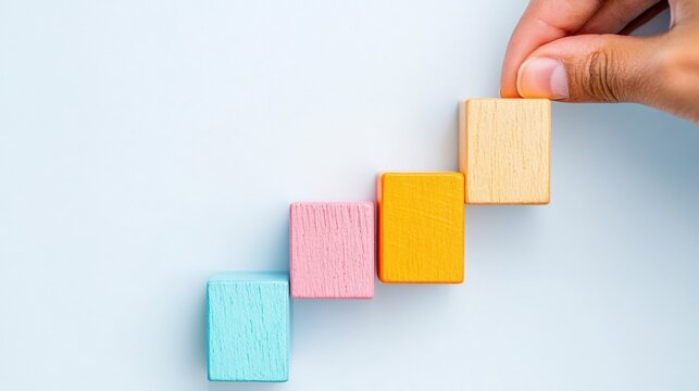 Minimalist Progress Visualization Agile Workflow Optimization with Colorful Wooden Blocks - Modern Productivity Scaling Strategy for Digital Entrepreneurs