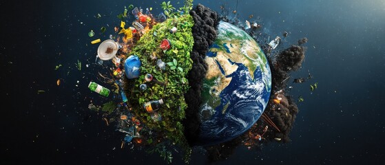 Divided Earth showing environmental pollution and ecological balance Concept of climate change, global warming, waste management, and environmental awareness