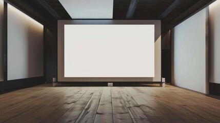 "Minimalist room with white blank screen for projections or presentations"