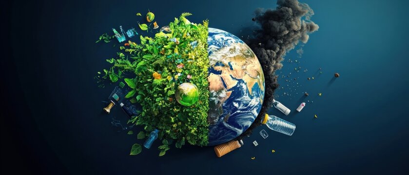 Half healthy green planet Earth and half polluted with smoke and plastic waste Concept of environmental conservation, climate change, and pollution