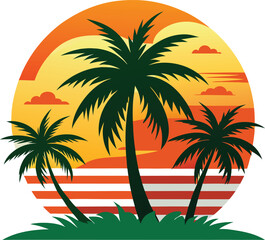 Fototapeta premium Retro Sunset with Palm Trees – Vintage Tropical Vector Design