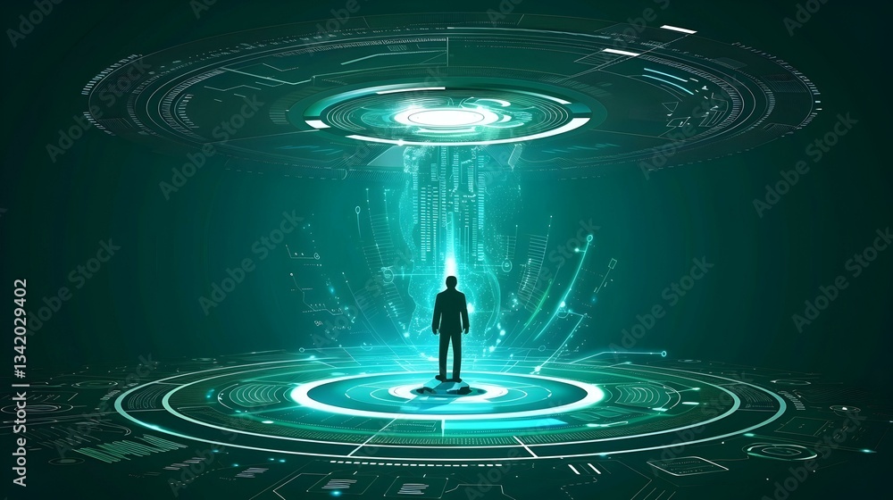 Aufkleber futuristic businessman standing on a glowing platform within a technological interface. digital tran