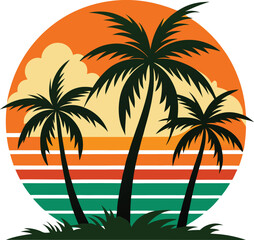 Retro Sunset with Palm Trees – Vintage Tropical Vector Design