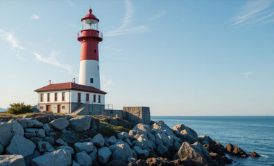 Coastal Lighthouse on Rocky Shoreline with Ocean View Under Blue Sky