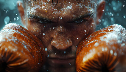 Intense Boxer Portrait Sweaty Face, Leather Gloves, Determined Expression