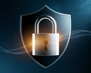 Metallic padlock inside a shield, digital code in background, symbolizing online security and data protection, ideal for tech or cybersecurity concepts