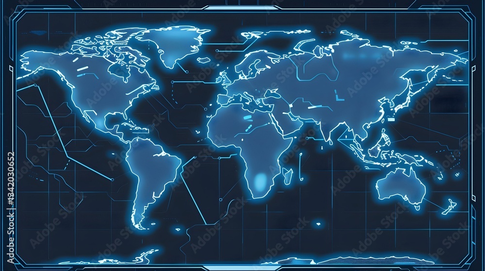 Poster futuristic glowing world map on a digital screen. perfect for technology, global concepts, and data 
