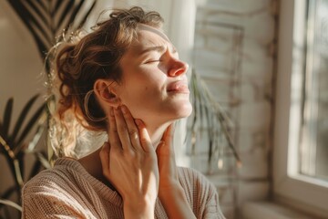 Woman experiencing neck pain finds relief through self-massage in natural light