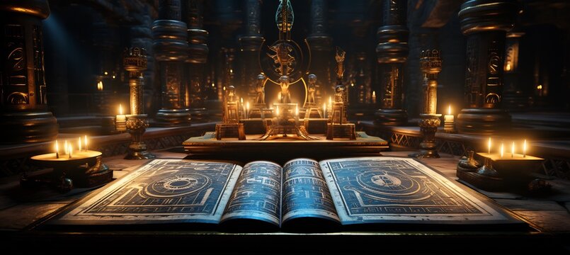 Embedded a carved stone altar the glowing Book of Thoth shines with ancient energy deep within a forgotten Egyptian tomb