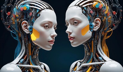 Fototapeta premium Futuristic AI Twin Robots in a Cybernetic Symmetry Concept