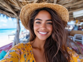 A woman wearing a straw hat smiles at the camera