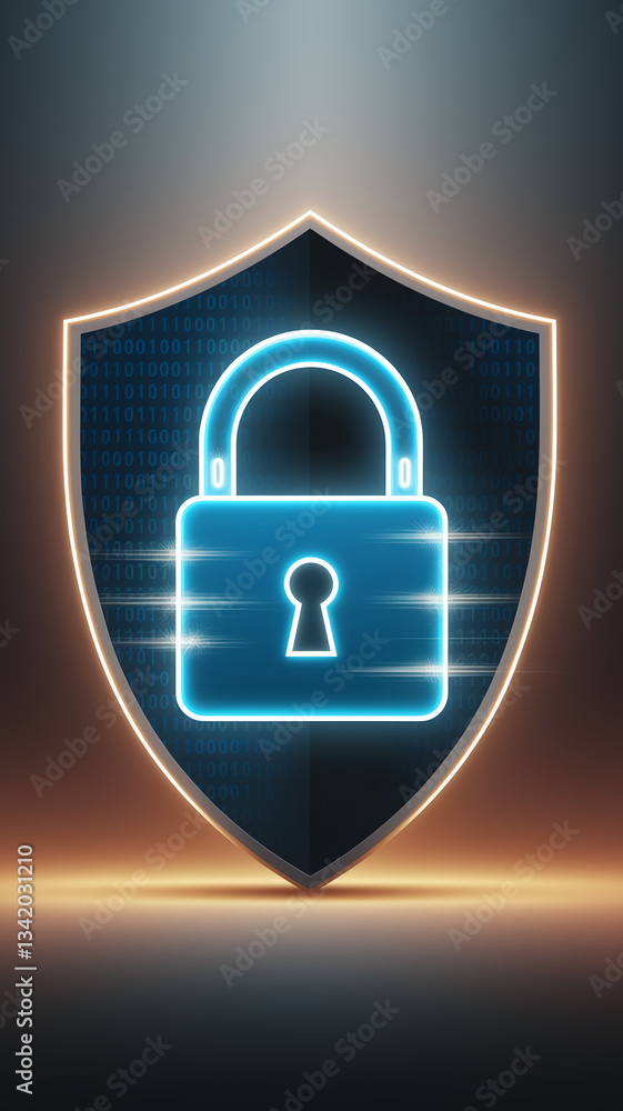 Poster digital shield with glowing padlock, binary code background, showcasing cybersecurity, data protecti