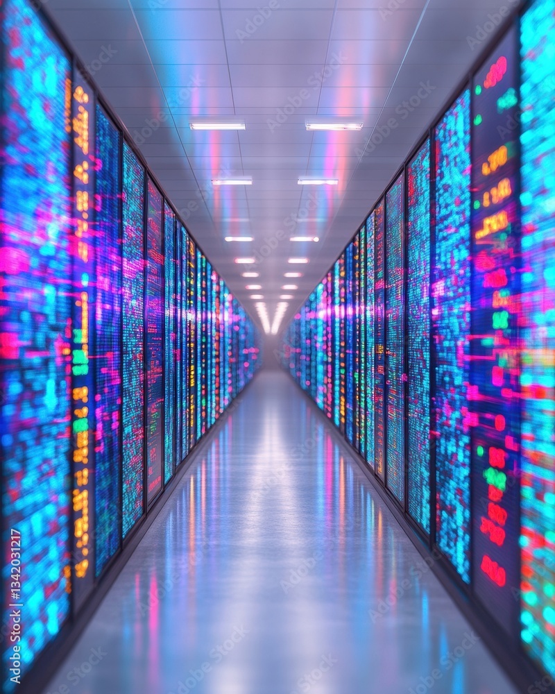 Poster Cybernetic Data Symphony Immersive Neon Server Room Visualization - Future-Forward Digital Infrastructure with High-Performance Analytics Aesthetic