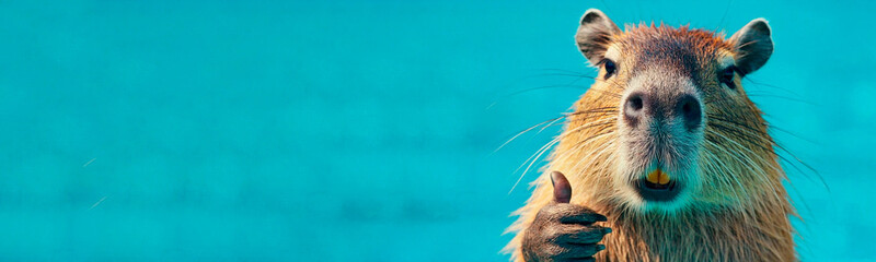 Portrait of a beautiful happy capybara showing thumbs up for a great job on isolated blue background.