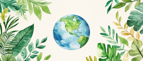 Watercolor Earth Globe Surrounded by Lush Green Tropical Leaves, Illustrating Environmental Awareness and Conservation