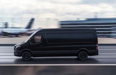 Black van driving on highway with airport in the background, side view