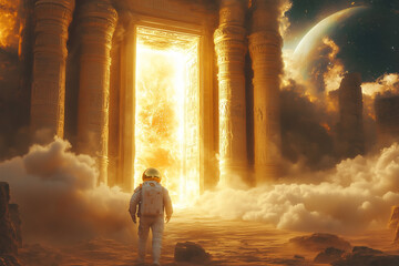 A lone astronaut discovers an ancient glowing portal among towering ruins. A sci-fi fantasy scene blending space exploration with mysterious ancient architecture