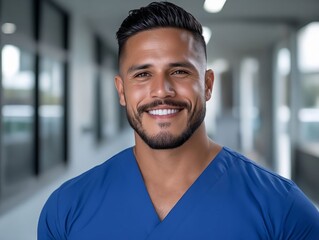 A man in scrubs smiles at the camera in a hospital hallway