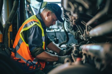 Worker in safety vest doing maintenance work on automotive equipment under natural daylight.