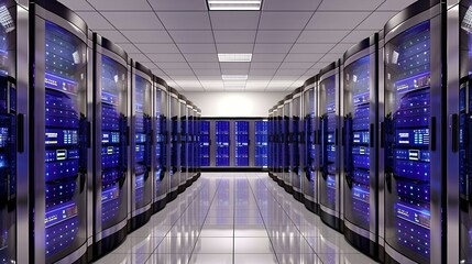 Modern server room with rows of illuminated servers.  Perfect for technology, data center, and networking concepts.