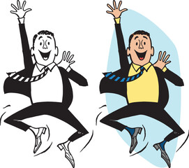 A vintage retro cartoon of an excited businessman jumping for joy. 