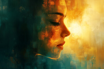A captivating and artistic digital painting of a woman's face emerging from a dreamy mist. The blending of textures and colors gives the portrait a surreal, almost otherworldly quality. 