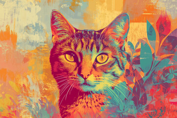 Colorful pop art cat portrait with vibrant neon colors and abstract background. Perfect for modern art, pet lovers, and creative designs