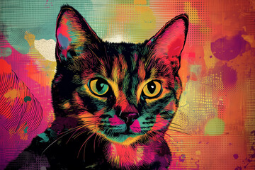 Colorful pop art cat portrait with vibrant neon colors and abstract background. Perfect for modern art, pet lovers, and creative designs