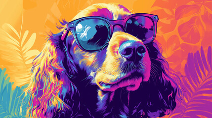 A vibrant pop-art style digital illustration of a Cocker Spaniel wearing sunglasses, featuring bold colors, tropical vibes, and a stylish, modern artistic flair