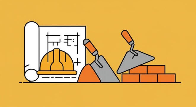 Construction Tools and Blueprint on Solid Yellow Background - Symbolizing Planning and Building in the Construction Industry.