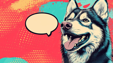 A vibrant pop-art style digital illustration of a Siberian Husky with a speech bubble. Playful and colorful design, perfect for posters, comics, and creative projects