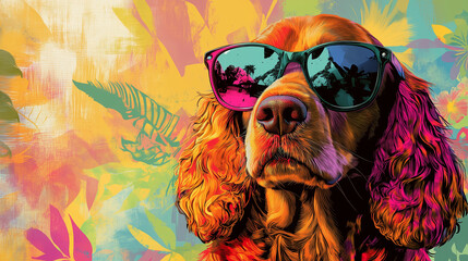 A vibrant pop-art style digital illustration of a Cocker Spaniel wearing sunglasses, featuring bold colors, tropical vibes, and a stylish, modern artistic flair