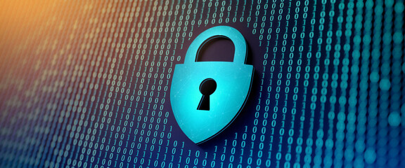 Cybersecurity concept image featuring a teal padlock on a binary code background, symbolizing data protection and digital security