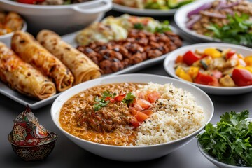 Halal food religion faith connection. Delicious spread of various dishes including rice and curry.