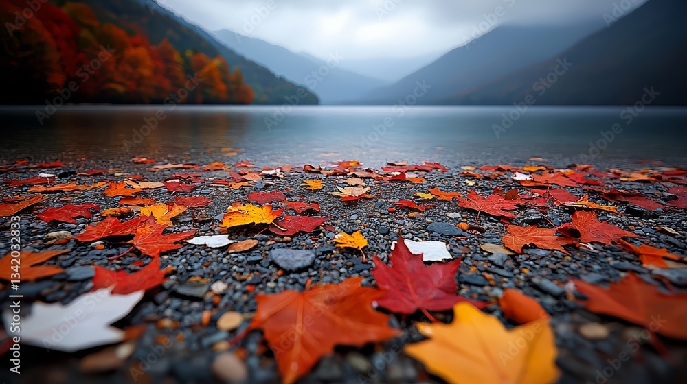 Poster beautiful autumn scene with a lake and mountains in the background. the leaves on the ground are ora